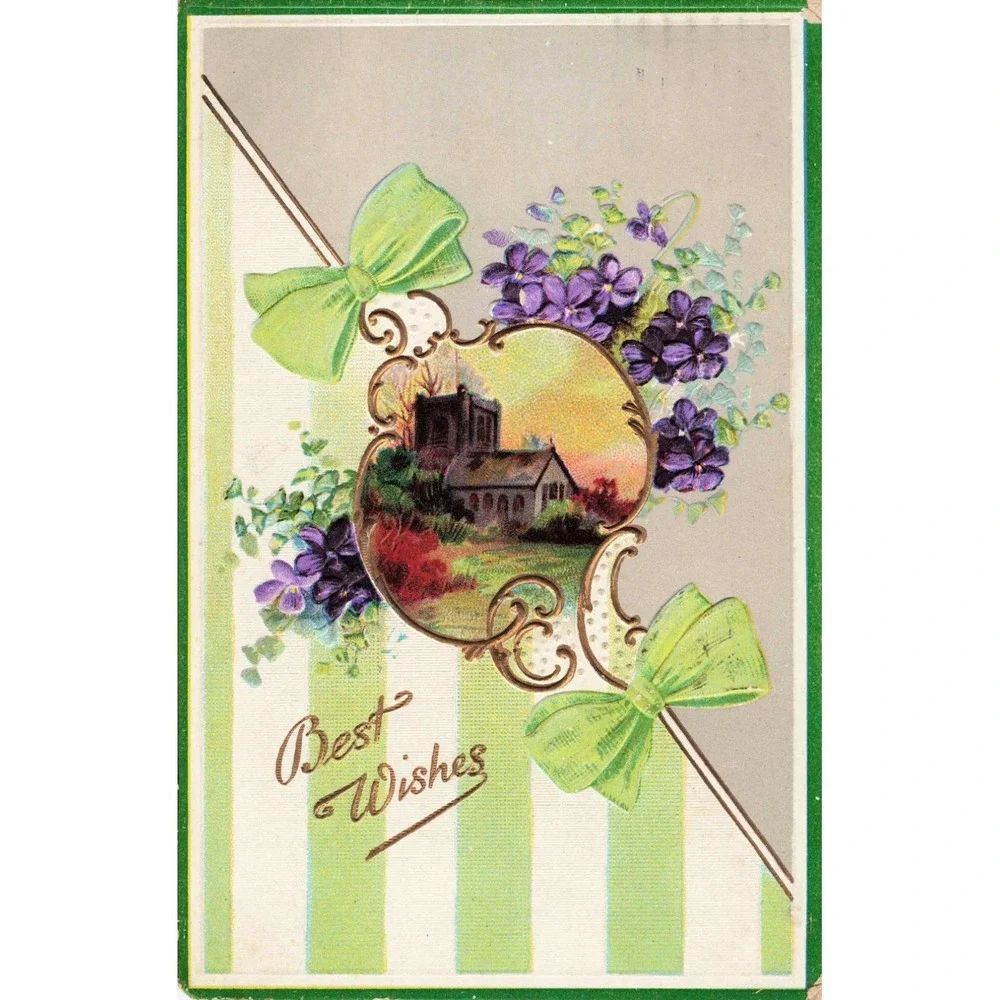 Vintage 1913 Best Wishes Postcard Church Violets Green Bows Embossed Germany VG